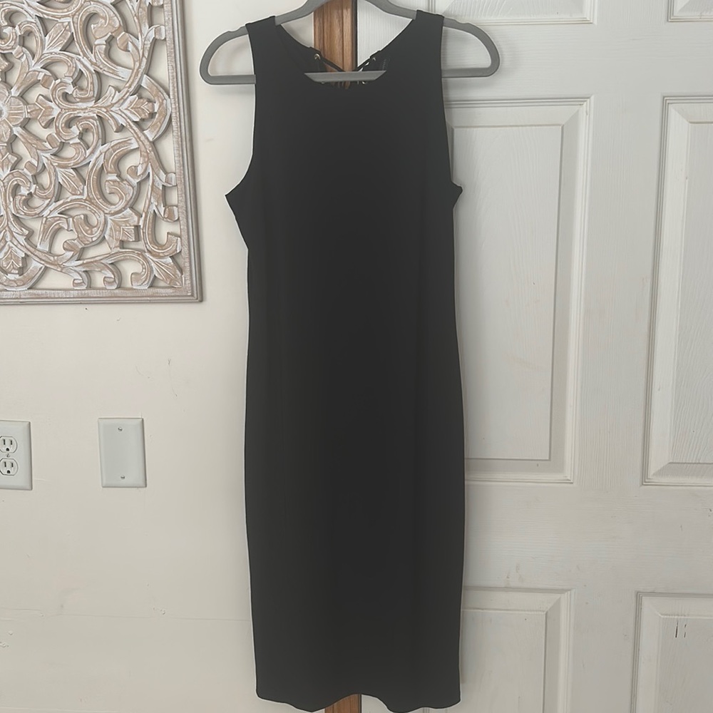 White House Black Market Black Sleeveless Midi-Dress Lace-Up Back. Size Medium